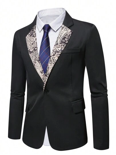 Manfinity Mode 1pc Men's Plus Size Color Block Printed Lapel Long Sleeve Blazer Jacket