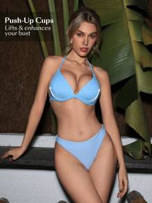 SHEIN Swim 夏季女士纯色泳衣套装音乐节 - 藍色 - 查看 4