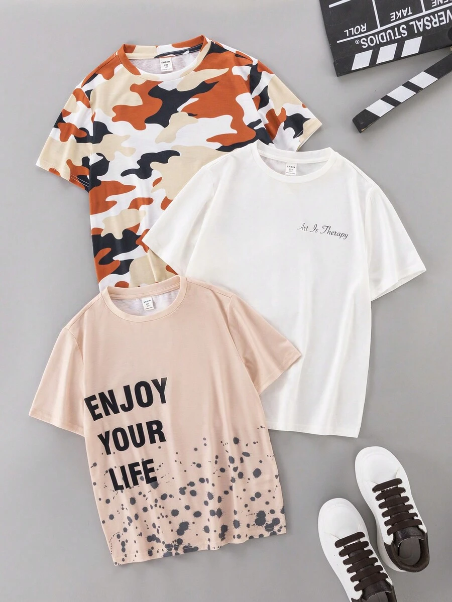 SHEIN 3 cái/bộ Cậu bé Tween Lỏng lẻo Ngụy trang In thư Ngắn tay Áo thun Với Vòng cổ - Nhiều màu - Xem 1