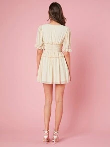 Enchnt 女性泡泡袖腰間壓褶a字裙 - 黃色 - 查看 3