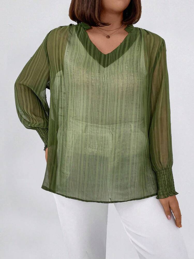 Plus Size Cut-Out Neckline Long Sleeve Sheer Blouse