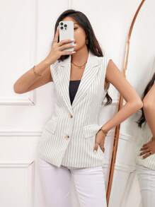 GENKIRA Ngẫu nhiên Sọc Bộ đồ Áo vest - trắng - Xem 3