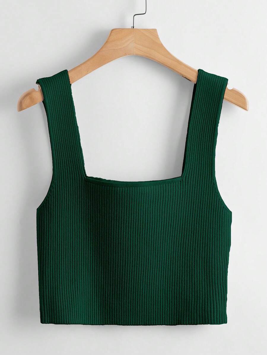 Zovinel Solid Color Square Collar Knit Ribbed Sweater, Women's - Green - View 1