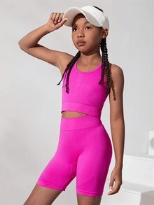 SHEIN 青少年女孩无缝针织罗纹交叉肩带背心和短裤运动两件套 - 玫紅色 - 查看 6