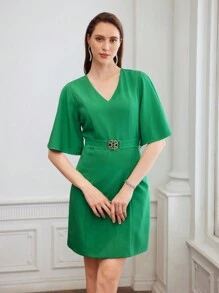 MOTF PREMIUM V領荷葉袖腰帶長裙 - 綠色 - 查看 5