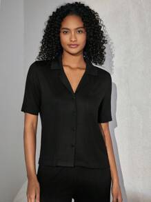 Ocili Leisure Solid Color V-Neck Top & Straight Pants Home Wear Set Holiday Season Outfit - Black - View 4