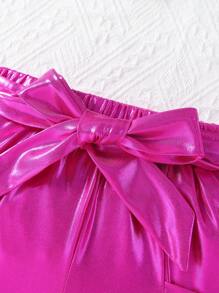 SHEIN 2 件/套少女休閒運動圓領無袖短上衣鬆緊腰帶純色短褲配腰帶,夏季 - 黑色 - 查看 4