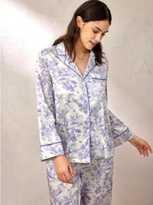 LUVLETTE 秋冬花卉图案缎面长款女士睡衣套装休闲套装内衣秋季睡衣衣服 - 紫羅蘭色 - 查看 4