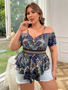 Calvaya 波西米亞風格加大號空心肩短袖t恤