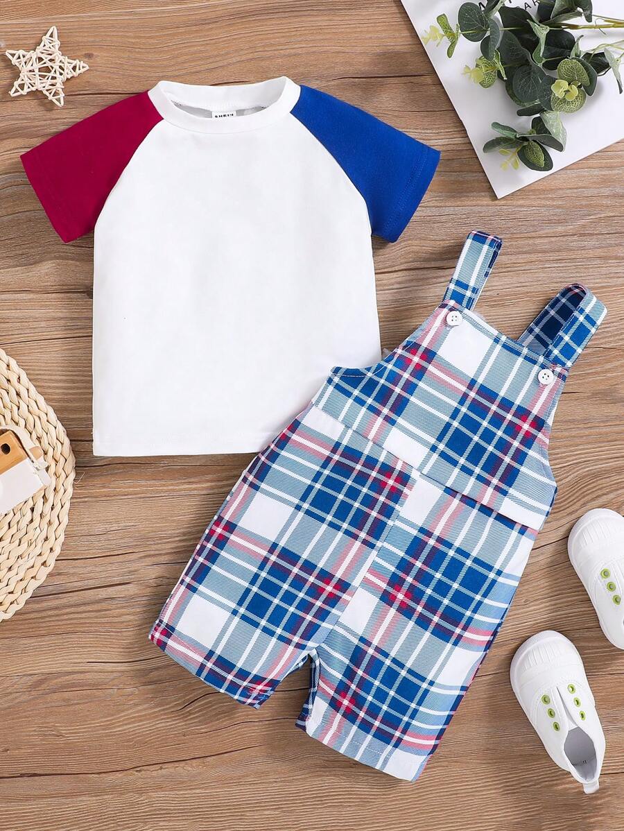 Baby Boy Color Block Short Sleeve TShirt & Plaid Suspender Shorts Set