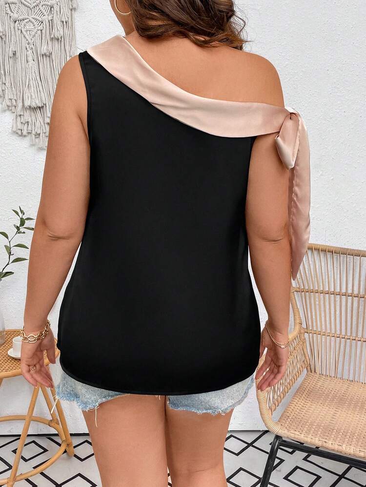Plus Size Color Block Asymmetrical Collar Shirt One Shoulder Top