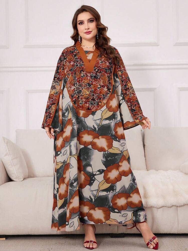 Plus Size Loose Fit Printed Arabian Casual Clothes With Flared Sleeves, Homewear Jalabiya, Casual Long Sleeve Dress