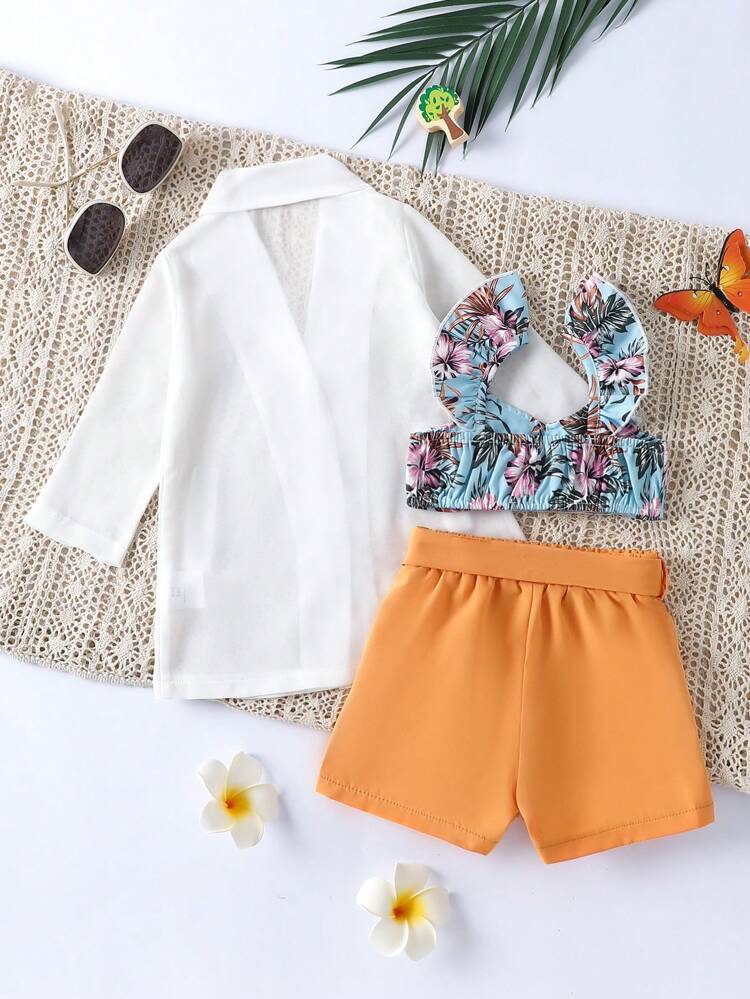 3pcs/Set Baby Girl Suit Jacket With Lapel, Button And False Pocket, Chiffon Long Sleeve Shirt With Floral Print, Solid Color Belted Shorts, Suitable For Spring And Summer