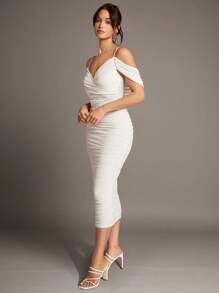 Silquee White Off-Shoulder Pleated Mesh Suspender Long Dress - White - View 3
