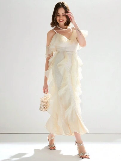 Enchnt 女性露肩荷葉邊奶油色蕾絲洋裝