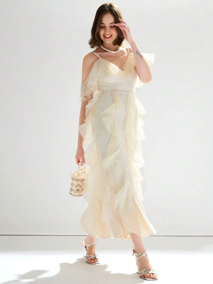 Women's Cold-Shoulder Ruffle Edge Cream Lace Dress