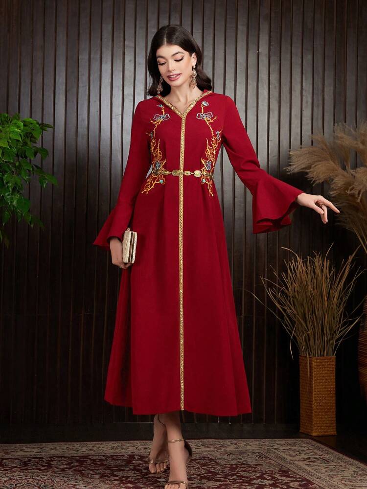 Burgundy Red Women's Elegant Embroidered Dress Fall Cloth For Women