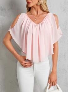 SHEIN Clasi Camiseta De Hombro Frío Y Plisado De Color Solido Para Mujeres - Rosa - Ver 6