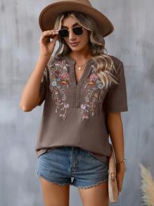 SHEIN LUNE Của phụ nữ Thêu hoa Áo thun Với Cổ áo có khía - Cà phê nâu - Xem 3