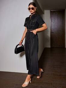 Sollinarry Women's Old Money Style Urban Casual Contrast Color Wide Leg Jumpsuit, Spring And Summer Style - Black - View 5