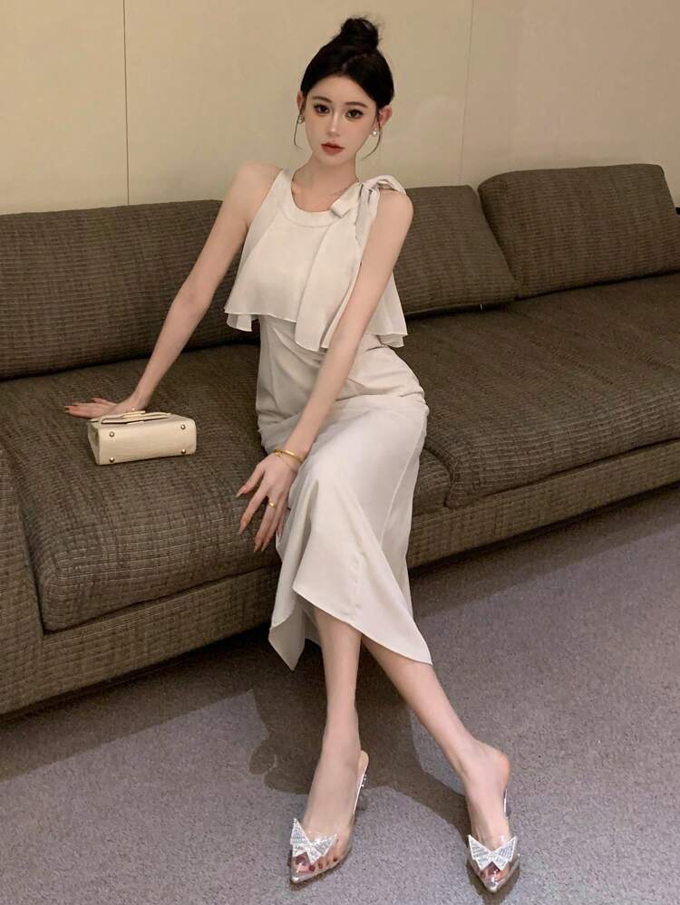 Women's Elegant Round Neck Sleeveless Dress With Cinching Waist, Birthday Prom Dress,Ruffle