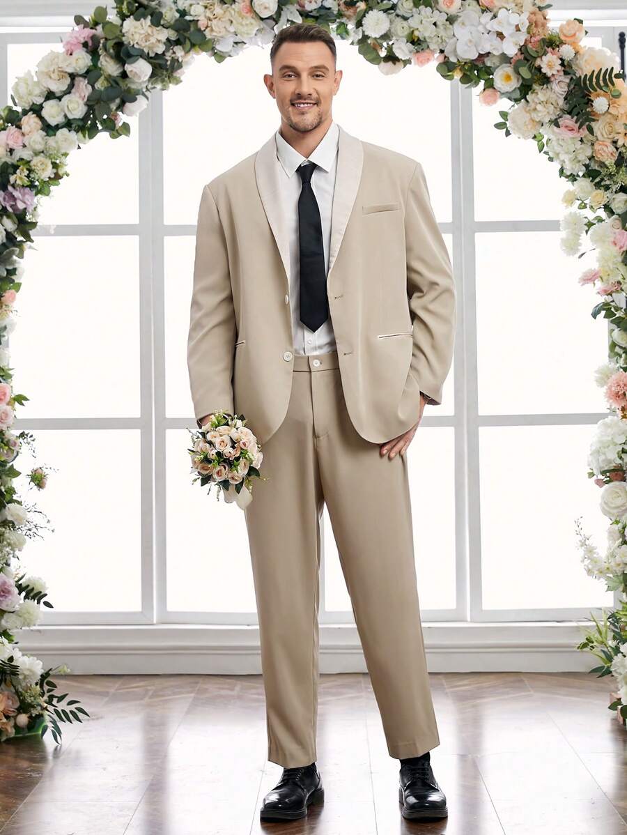 Manfinity VCAY Men's Plus Size Woven Casual Suit 2pcs/Set - Apricot - View 1