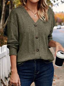 SHEIN LUNE V領釦前垂肩長袖t恤 - 綠色 - 查看 3