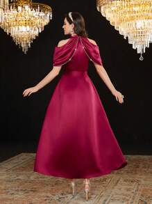 Modelyn Váy bó eo đính đá lấp lánh màu đỏ tía vai - Màu Đỏ Sâu - Xem 6