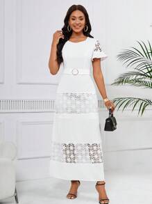 SHEIN Lady Ladies' Plain Embroidery Design Simple Dress - White - View 6