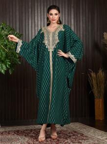 Al Najma Ladies' Turkish Long Shirt With Patchwork Woven Ribbon And Hot Stamping Batwing Sleeves Kaftan Jalabiya Dress - Dark Green - View 4