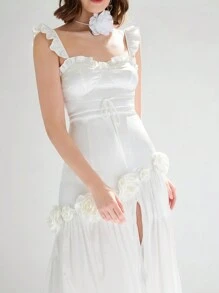 Enchnt 女士婚嫁季3d玫瑰花荷葉邊露膝長洋裝 - 白色 - 查看 7