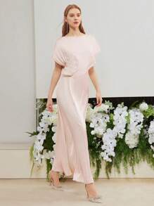 MOTF PREMIUM WOVEN WOMEN'S SOLID PLEATED BATWING SLEEVE DRESS WEDDING GUEST DRESS WOMEN - Pink - View 9