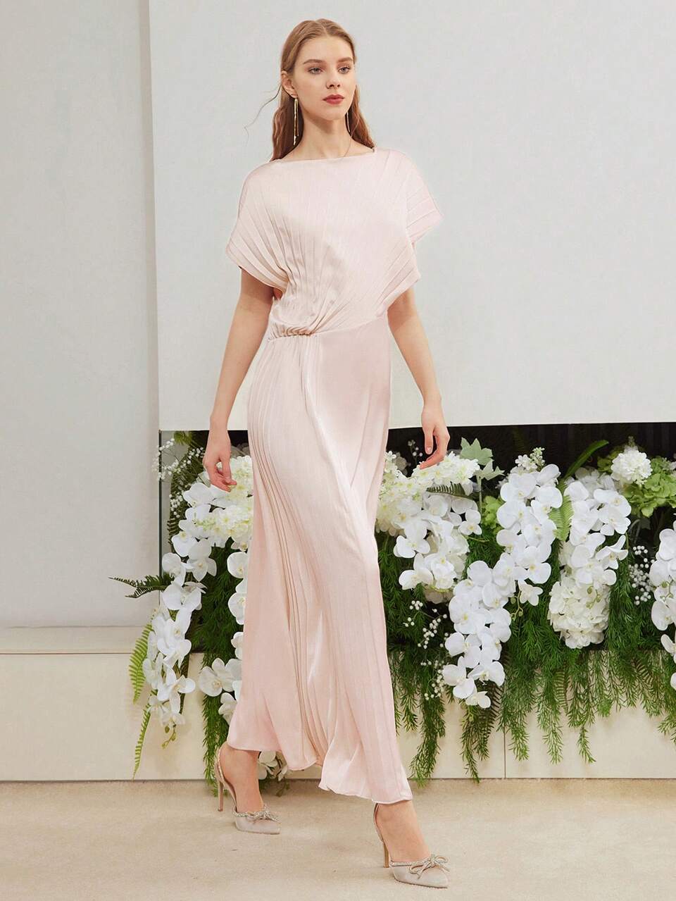 WOVEN WOMEN'S SOLID PLEATED BATWING SLEEVE DRESS WEDDING GUEST DRESS WOMEN