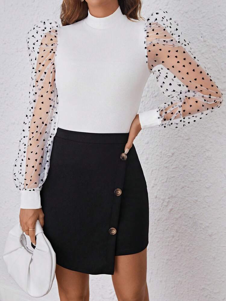 Women's Stand Collar Flocked Heart-Shaped Mesh Long Sleeve Top And Button-Adorned Wrap Skirt Two Pieces Set