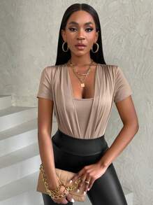 BamGleam Damen Bodysuit mit geraffte asymmetrischer Kragen