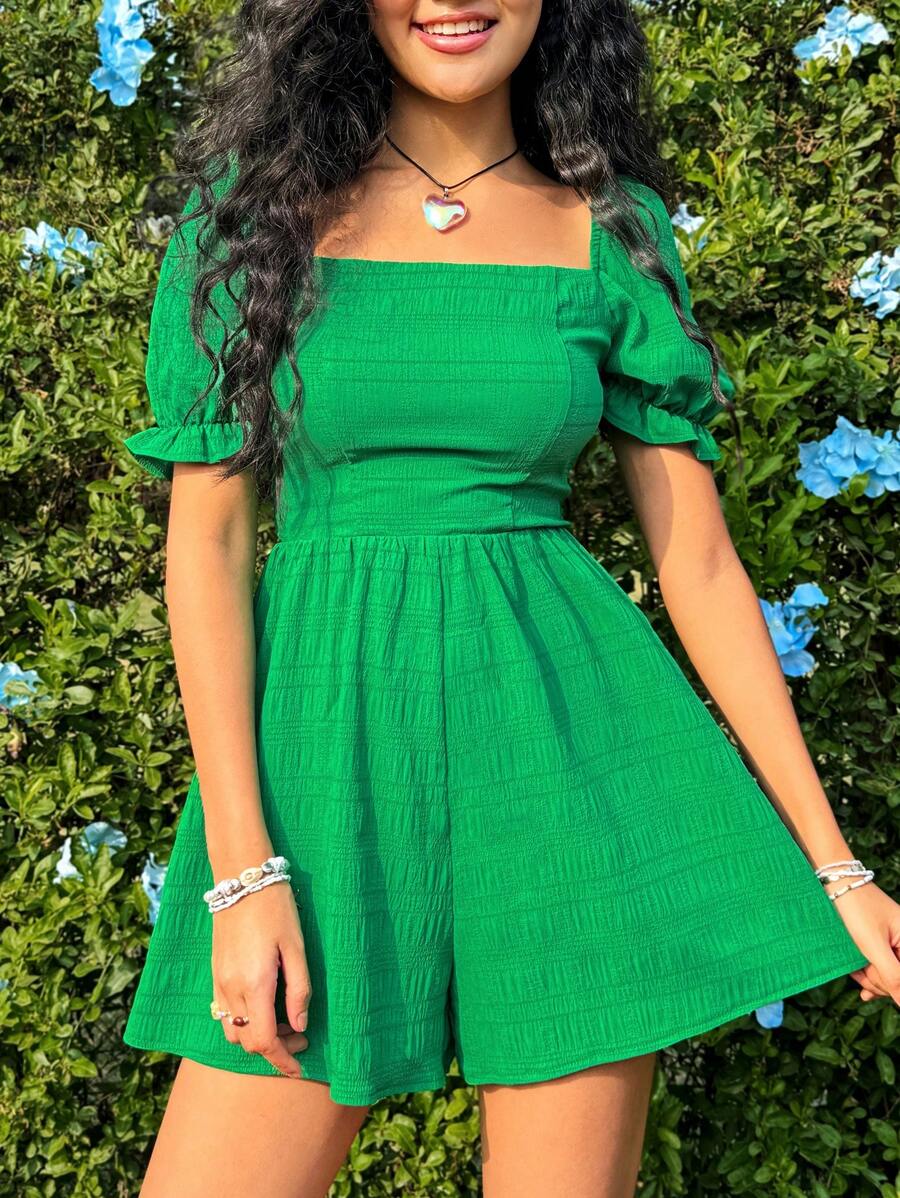 Soleia Enterizo Con Textura De Color Sólido, Cuello Cuadrado Y Cinturón - Verde - Ver 1