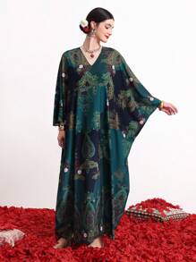 Divindia 女款植物印花蝙蝠袖連衣裙