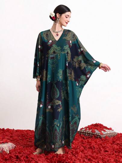 Divindia Botanisch bedrucktes Fledermausärmel-Kleid für Damen