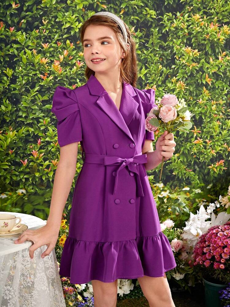 Tween Girls' Short Sleeve Dress With Suit Collar, Double-Breasted Decorative Buttons, Ruffle Hem