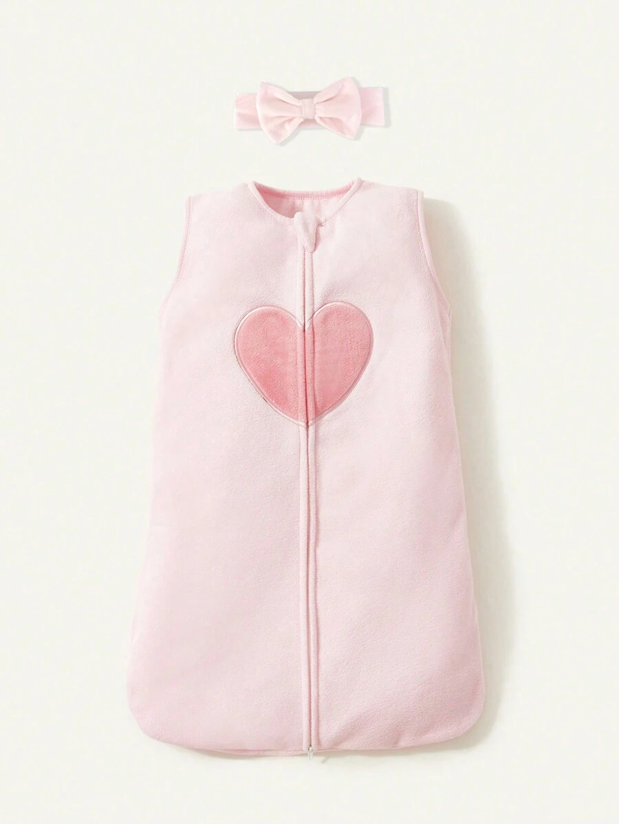 Cozy Pixies 1 套舒适小熊心刺绣柔软舒适无袖婴儿睡袋和 1 个头带，适合情人节爱心情人节 - 淺粉色 - 查看 1