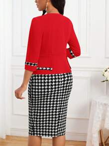 SHEIN Lady Women's Sleeveless Houndstooth Dress And Open Front Jacket Set - Red - View 2