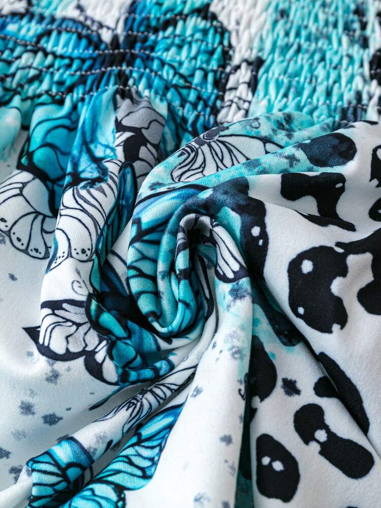 Plus Size Women's Leopard & Butterfly Print Shirred Panel Top Fall Cloth For Women