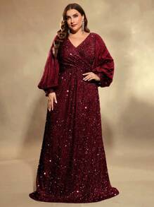 UNITHORSE 大码灯笼袖亮片正式礼服，优雅长袖舞会晚宴婚礼宾客礼服，适合毕业典礼、晚宴、新娘礼服、生日派对等场合，春季派对礼服 - 酒紅色 - 查看 4