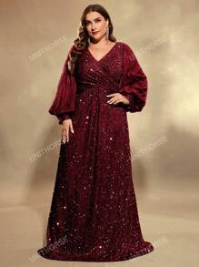 UNITHORSE UNITHORSE Plus Size Lantern Sleeve Sequined Formal Dress, Elegant Long Sleeve Prom Evening Wedding Guest Gown, For Graduation, Dinner, Bride Dress, Birthday Women Outfits, Graduation Dress,Party Dress