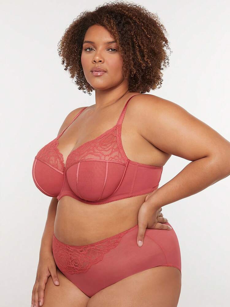 Sujetador minimalista de encaje y malla rosa con cobertura completa, para tallas grandes, sexy, de salón