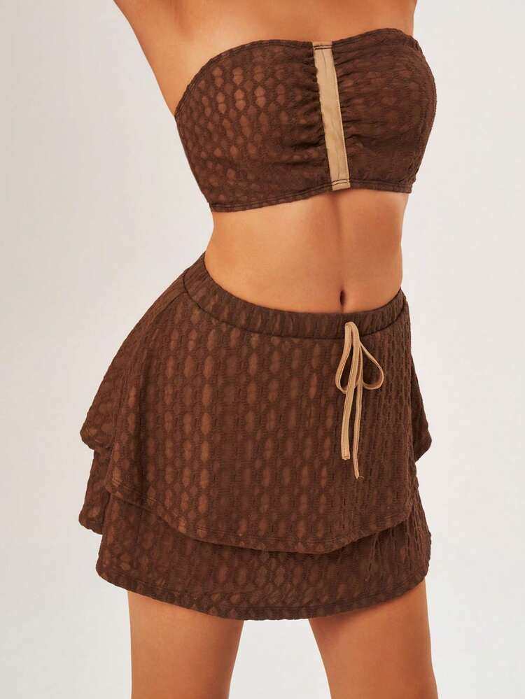 Women's Vacation Style Strapless Backless Top With Bow Knot Detail High Low Skirt Two-Piece Set