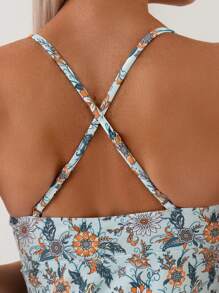 SHEIN Swim 夏季沙灘花卉印花交叉背心泳裝套裝 - 彩色 - 查看 5