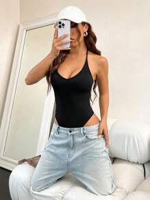SHEIN EZwear Women's Deep V-Neck Halter Bodysuit