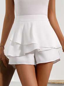 SHEIN LUNE High Waist Asymmetrical Layered Design A-Line Skort With Wavy Edge For Women - White - View 3