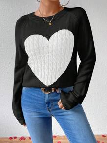 Chiquease Áo len dệt kim tay raglan họa tiết trái tim, thích hợp cho mùa thu đông. - Đen và trắng - Xem 6